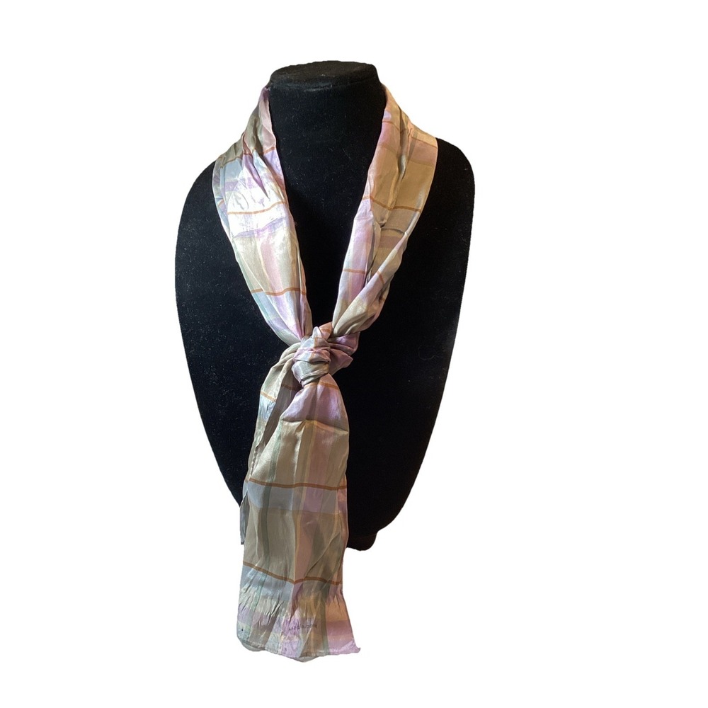 Vintage Liz Claiborne Silk Scarf Lavender Sage Cream Plaid Retro 52" X 10"